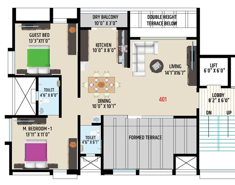 Floor plan of 2 BHK 1089 Sq. Ft. Apartment in Navkaar Heights, Pune