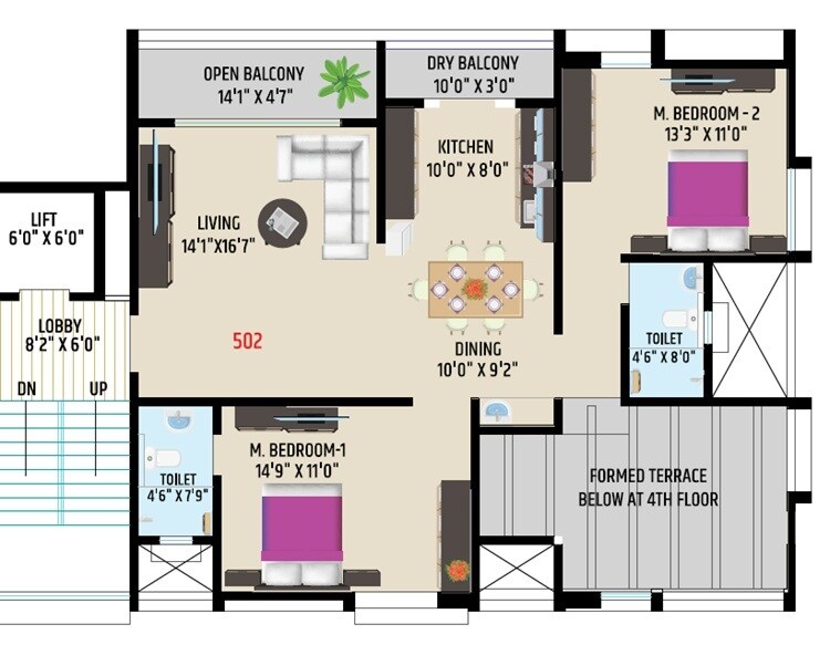 Floor plan of 2 BHK 953 Sq. Ft. Apartment in Navkaar Heights, Pune
