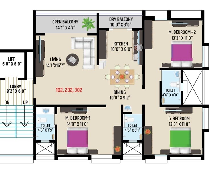 Floor plan of 3 BHK 1140 Sq. Ft. Apartment in Navkaar Heights, Pune