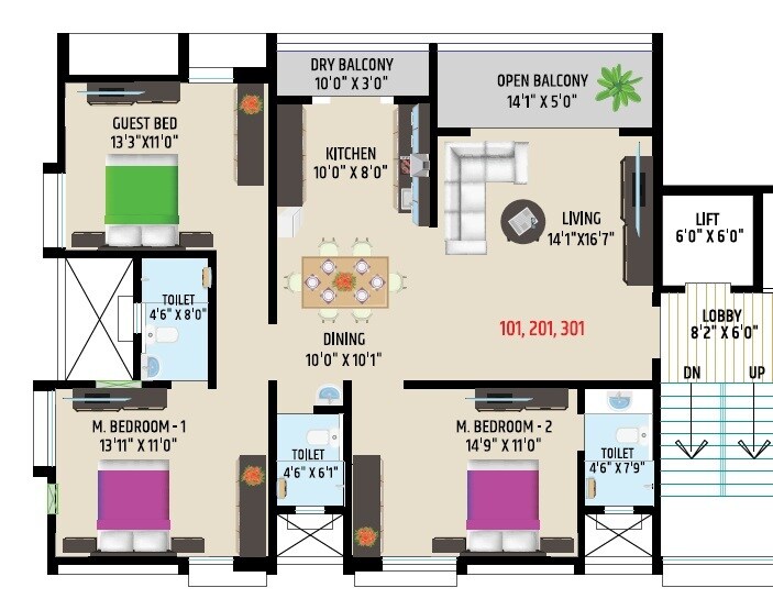 Floor plan of 3 BHK 1169 Sq. Ft. Apartment in Navkaar Heights, Pune