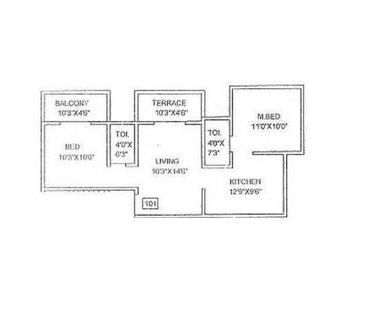 Floor plan of 2 BHK 850 Sq. Ft. Apartment in Navkar Mantra, Pune