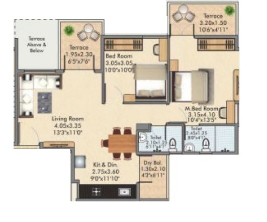 Floor plan of 2 BHK 695 Sq. Ft. Apartment in NB Bhalchandra Prospera, Pune