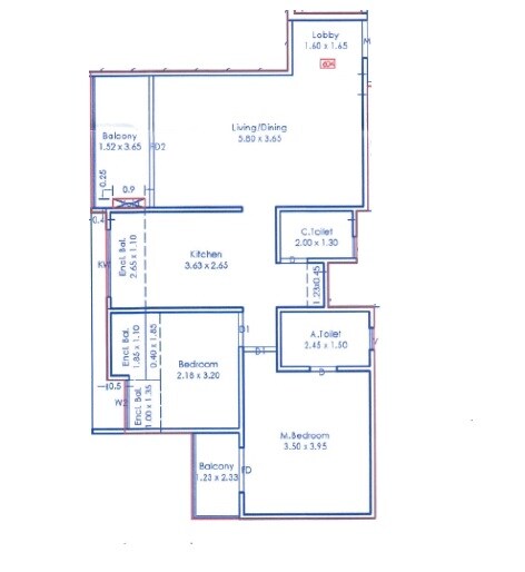Floor plan of 2 BHK 881 Sq. Ft. Apartment in NB Swanandi Blossom, Pune