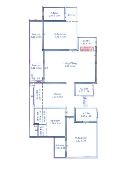 Floor plan of 3 BHK 1142 Sq. Ft. Apartment in NB Swanandi Blossom, Pune