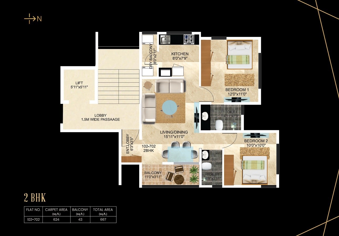 Floor plan of 2 BHK 624 Sq. Ft. Apartment in Neovis Midtown Elegance, Pune