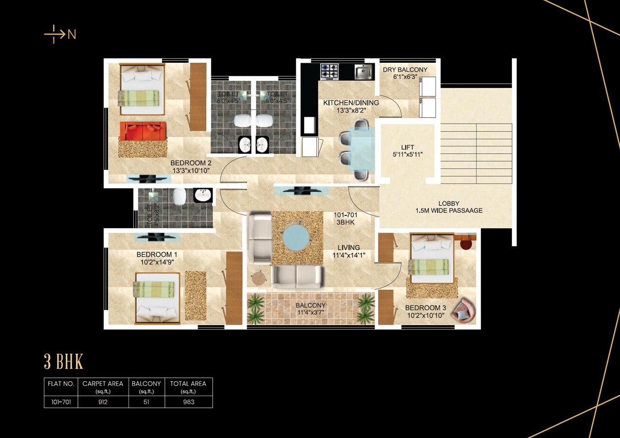 Floor plan of 3 BHK 912 Sq. Ft. Apartment in Neovis Midtown Elegance, Pune