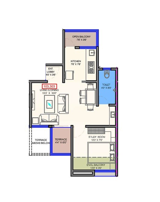 Floor plan of 1 BHK 364 Sq. Ft. Apartment in Neuleaf Downtown, Pune
