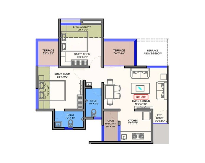 Floor plan of 2 BHK 456 Sq. Ft. Apartment in Neuleaf Downtown, Pune
