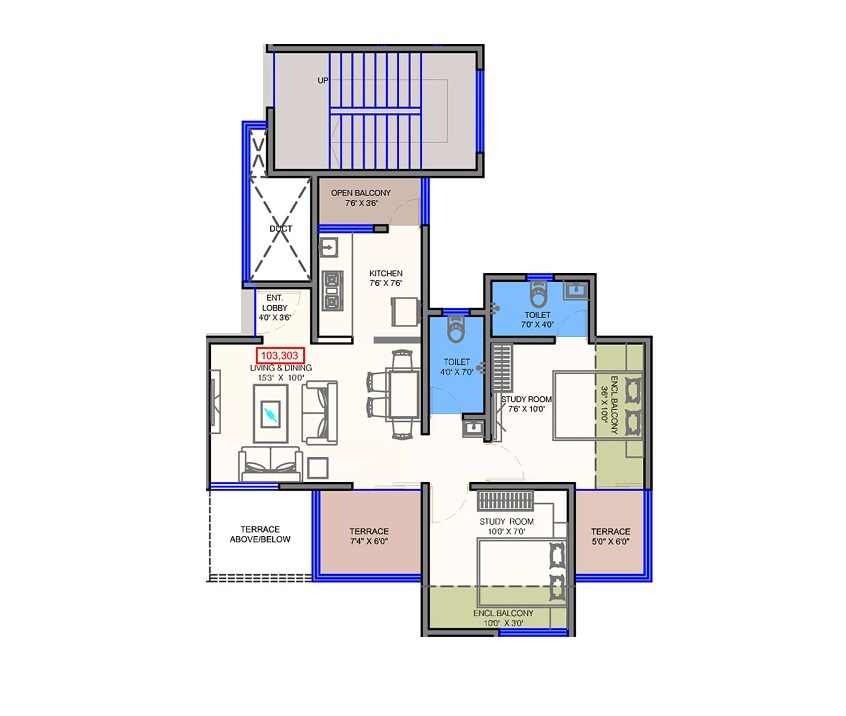 Floor plan of 2 BHK 549 Sq. Ft. Apartment in Neuleaf Downtown, Pune