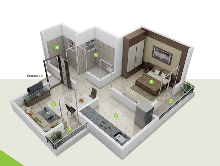 Floor plan of 1 BHK 571 Sq. Ft. Apartment in New Front 48 East Park, Pune