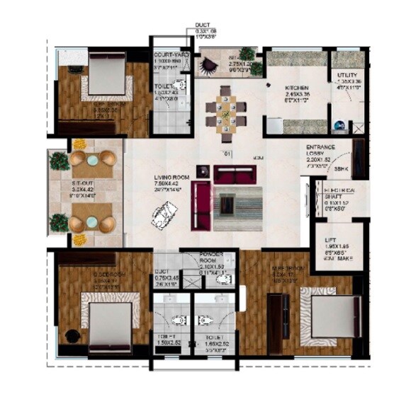 Floor plan of 3 BHK 1512 Sq. Ft. Apartment in New Front Anjor, Pune