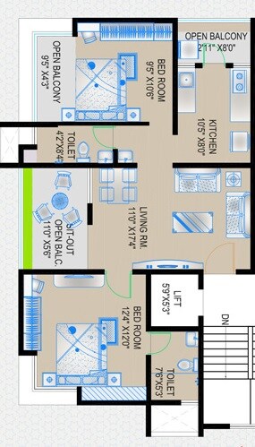 Floor plan of 2 BHK 748 Sq. Ft. Apartment in New Front Annapurna, Pune
