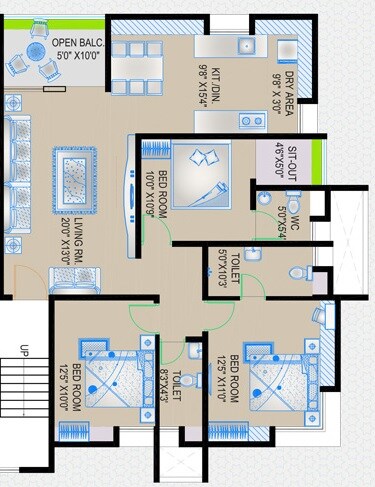 Floor plan of 3 BHK 1040 Sq. Ft. Apartment in New Front Annapurna, Pune