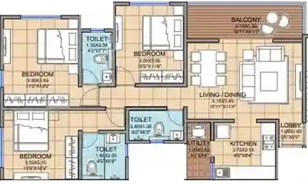 Floor plan of 3 BHK 1000 Sq. Ft. Apartment in New Front Kanak Kunj, Pune