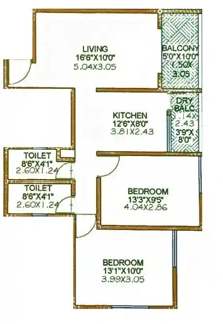 Floor plan of 2 BHK 753 Sq. Ft. Apartment in New Ketki, Pune