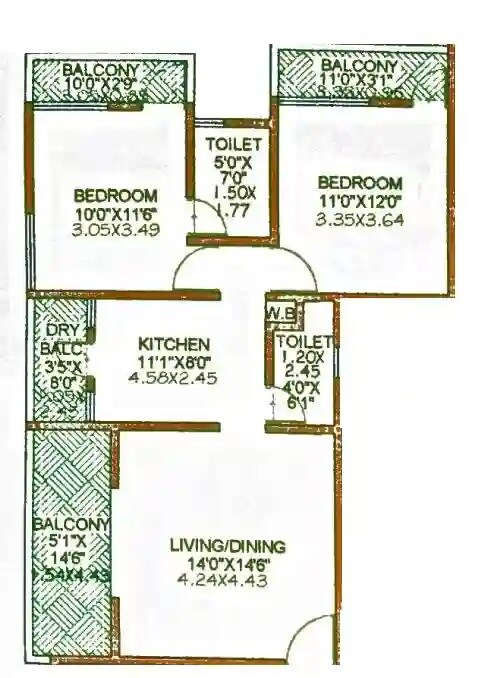 Floor plan of 2 BHK 838 Sq. Ft. Apartment in New Ketki, Pune