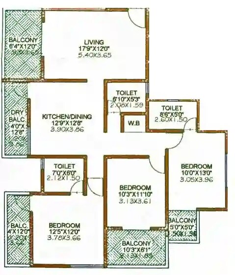 Floor plan of 3 BHK 1321 Sq. Ft. Apartment in New Ketki, Pune