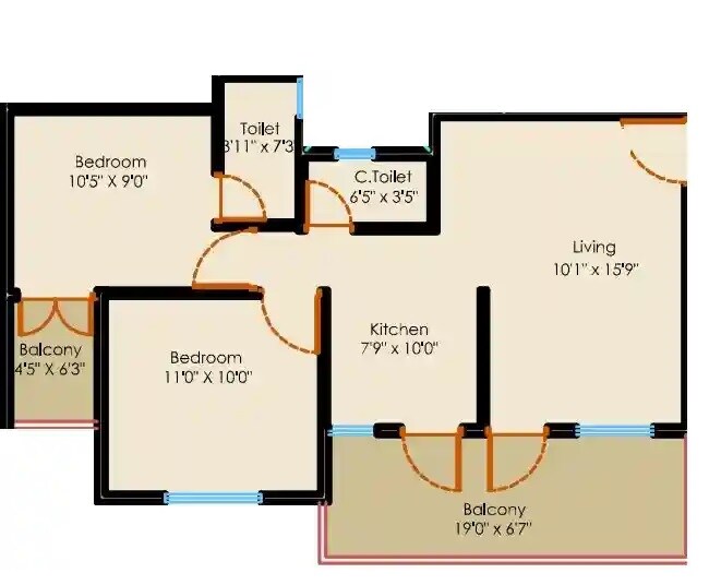 Floor plan of 2 BHK 519 Sq. Ft. Apartment in Nexus Carnation, Pune