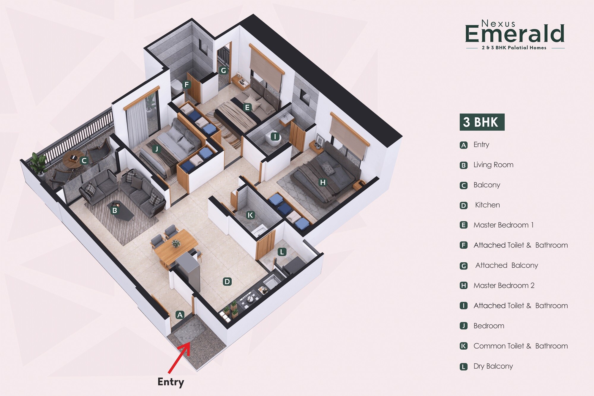 Floor plan of 3 BHK 880 Sq. Ft. Apartment in Nexus Emerald, Pune