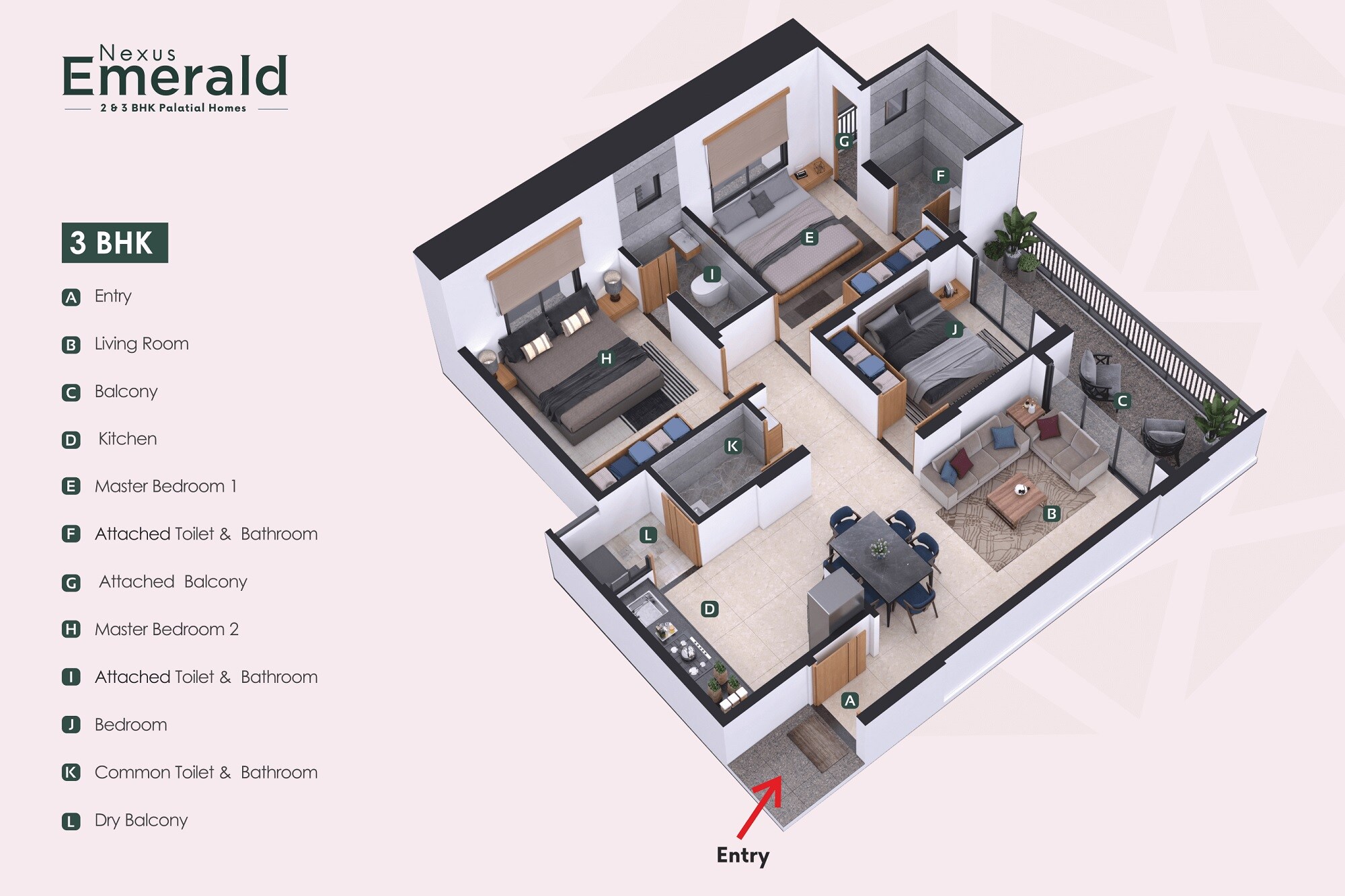 Floor plan of 3 BHK 892 Sq. Ft. Apartment in Nexus Emerald, Pune