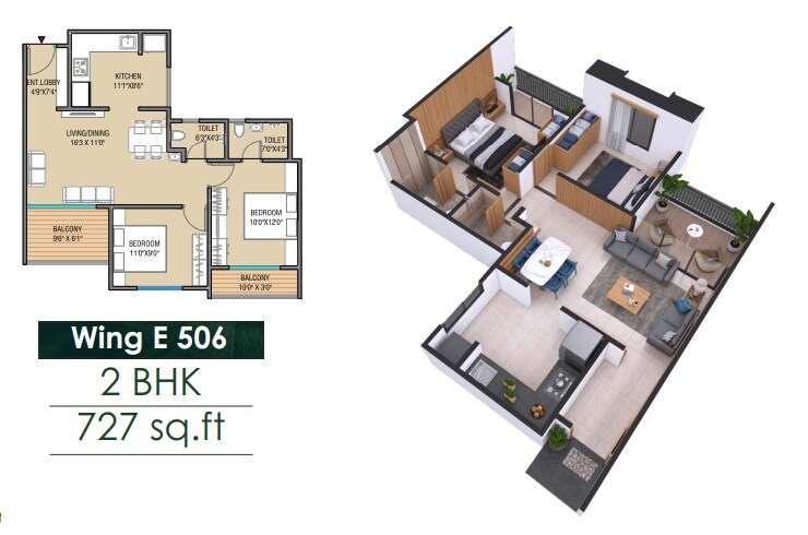 2 BHK 727 Sq. Ft. Apartment