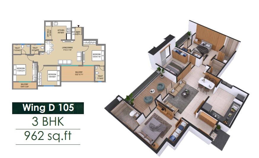 3 BHK 962 Sq. Ft. Apartment