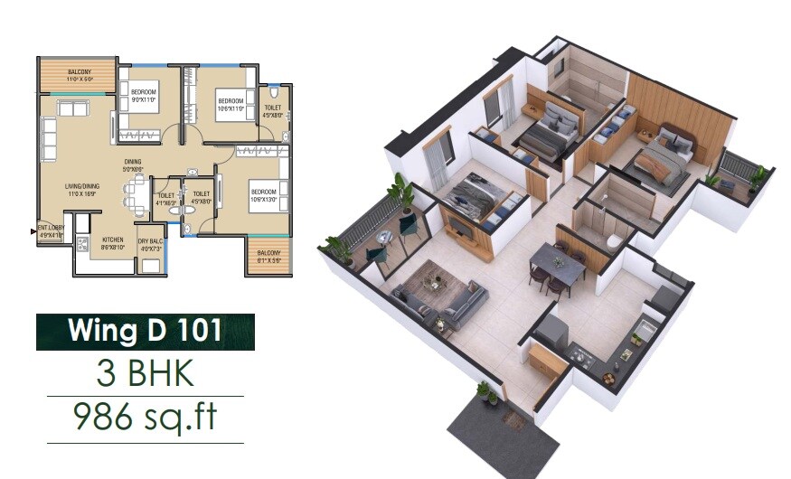 Floor plan of 3 BHK 986 Sq. Ft. Apartment in Nexus Genesis, Pune