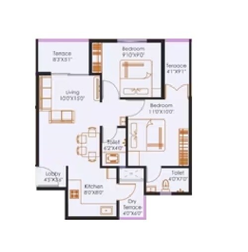 Floor plan of 2 BHK 628 Sq. Ft. Apartment in Nexus Imperia, Pune