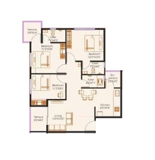 Floor plan of 3 BHK 851 Sq. Ft. Apartment in Nexus Imperia, Pune