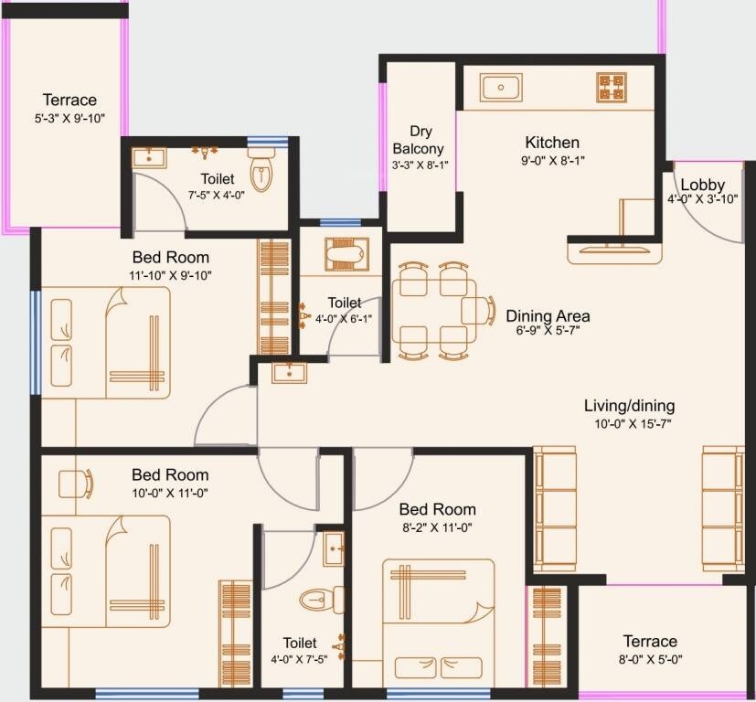 3 BHK 661 Sq. Ft. Apartment