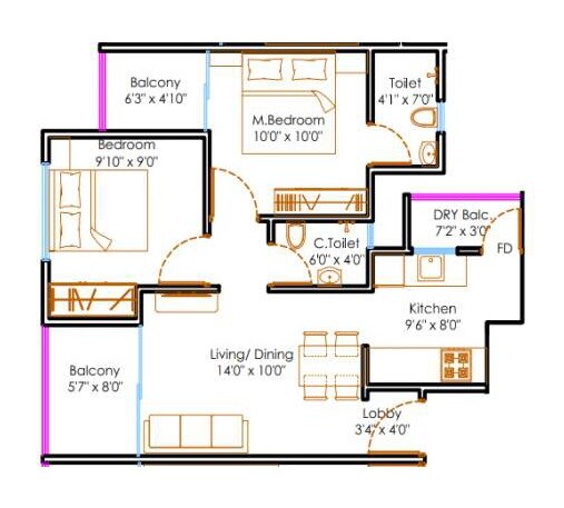 Floor plan of 2 BHK 614 Sq. Ft. Apartment in Nexus Prime Square, Pune