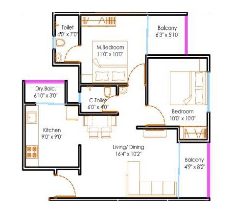 Floor plan of 2 BHK 692 Sq. Ft. Apartment in Nexus Prime Square, Pune