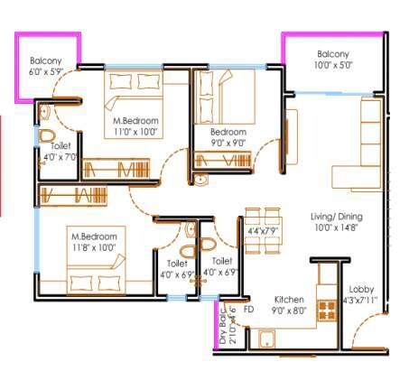 Floor plan of 3 BHK 844 Sq. Ft. Apartment in Nexus Prime Square, Pune