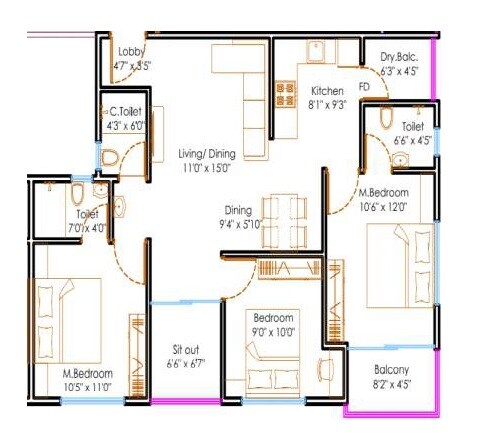 Floor plan of 3 BHK 871 Sq. Ft. Apartment in Nexus Prime Square, Pune