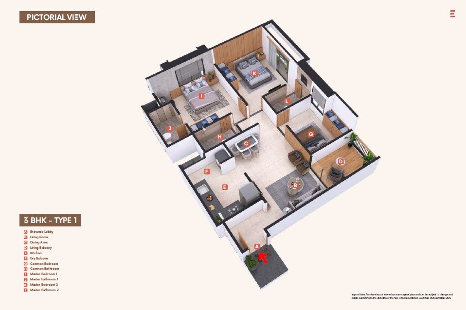 Floor plan of 3 BHK 862 Sq. Ft. Apartment in Nexus Westia, Pune