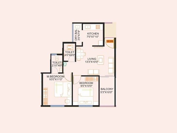 Floor plan of 2 BHK 505 Sq. Ft. Apartment in Nexus Westpride, Pune