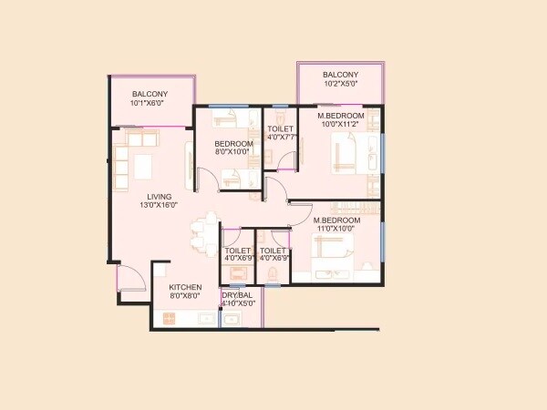 Floor plan of 3 BHK 621 Sq. Ft. Apartment in Nexus Westpride, Pune