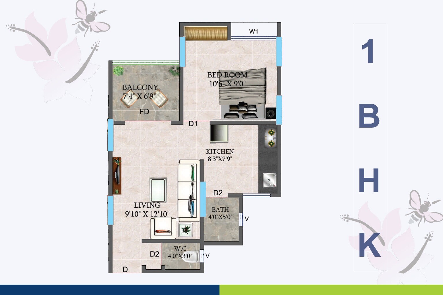 Floor plan of 1 BHK 410 Sq. Ft. Apartment in NG Madhuban, Pune