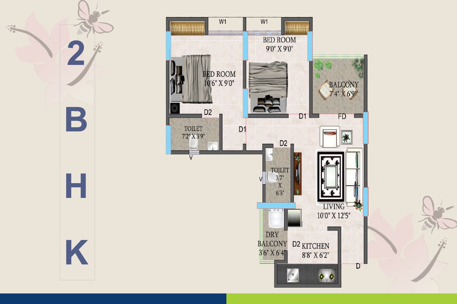 Floor plan of 2 BHK 556 Sq. Ft. Apartment in NG Madhuban, Pune