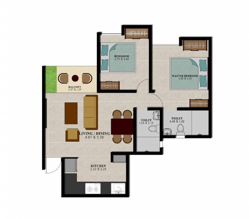 Floor plan of 2 BHK 598 Sq. Ft. Apartment in NG Vrundavan, Pune