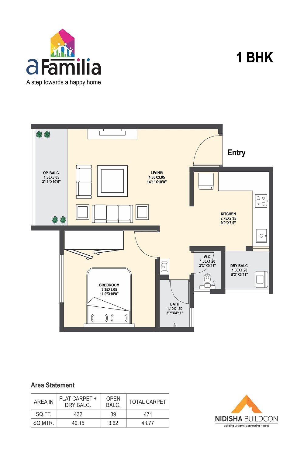 Floor plan of 1 BHK 471 Sq. Ft. Apartment in Nidisha A Familia, Pune