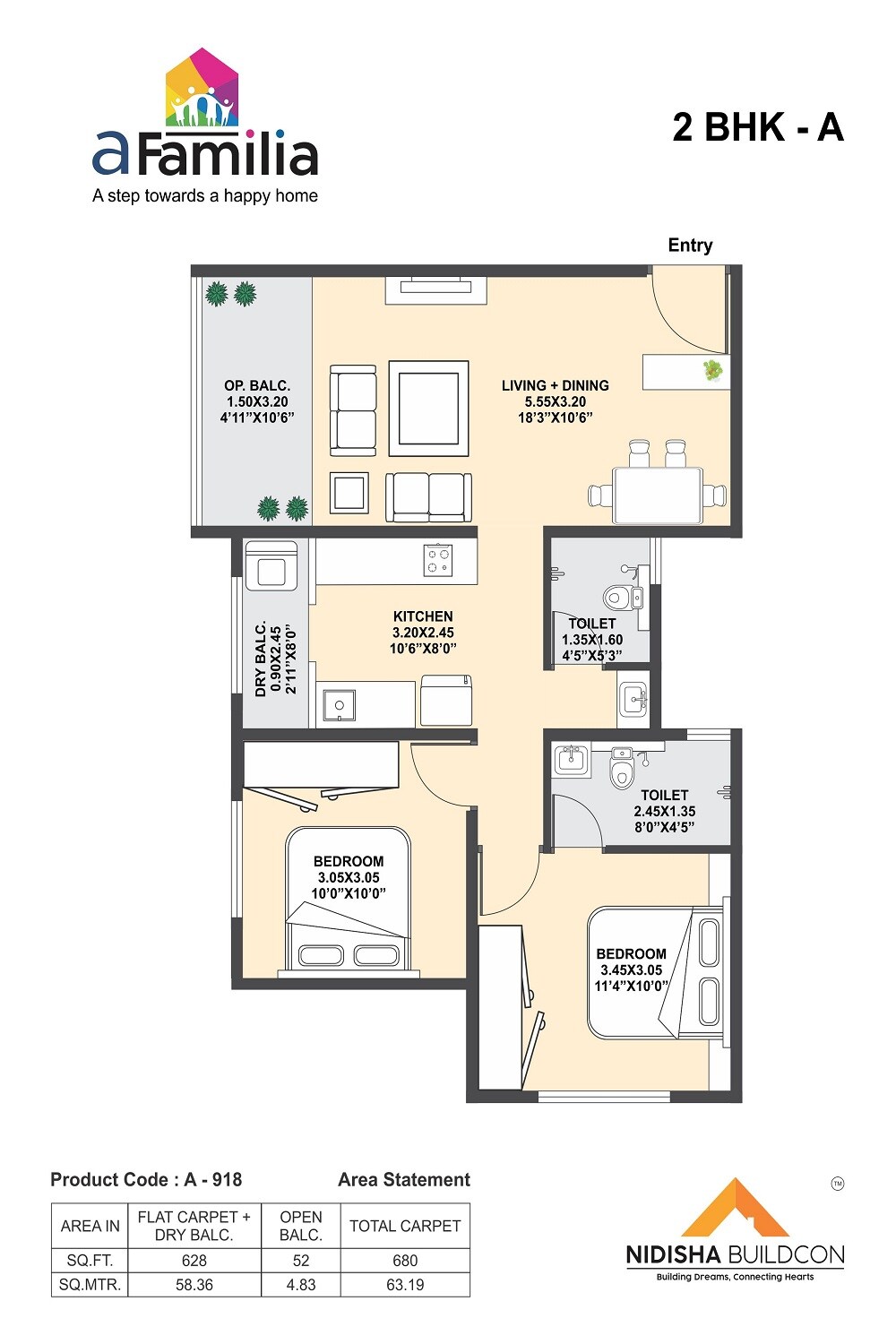 Floor plan of 2 BHK 680 Sq. Ft. Apartment in Nidisha A Familia, Pune