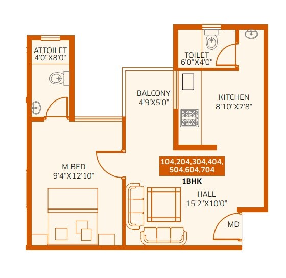 Floor plan of 1 BHK 442 Sq. Ft. Apartment in Nilesh Aryaa Empire, Pune
