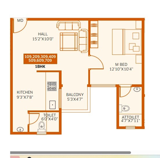 Floor plan of 1 BHK 486 Sq. Ft. Apartment in Nilesh Aryaa Empire, Pune