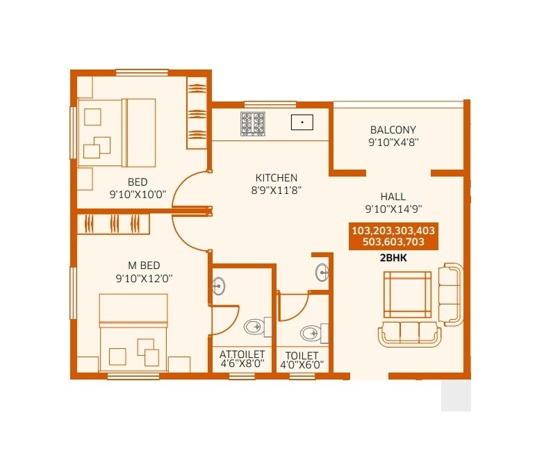 Floor plan of 2 BHK 628 Sq. Ft. Apartment in Nilesh Aryaa Empire, Pune