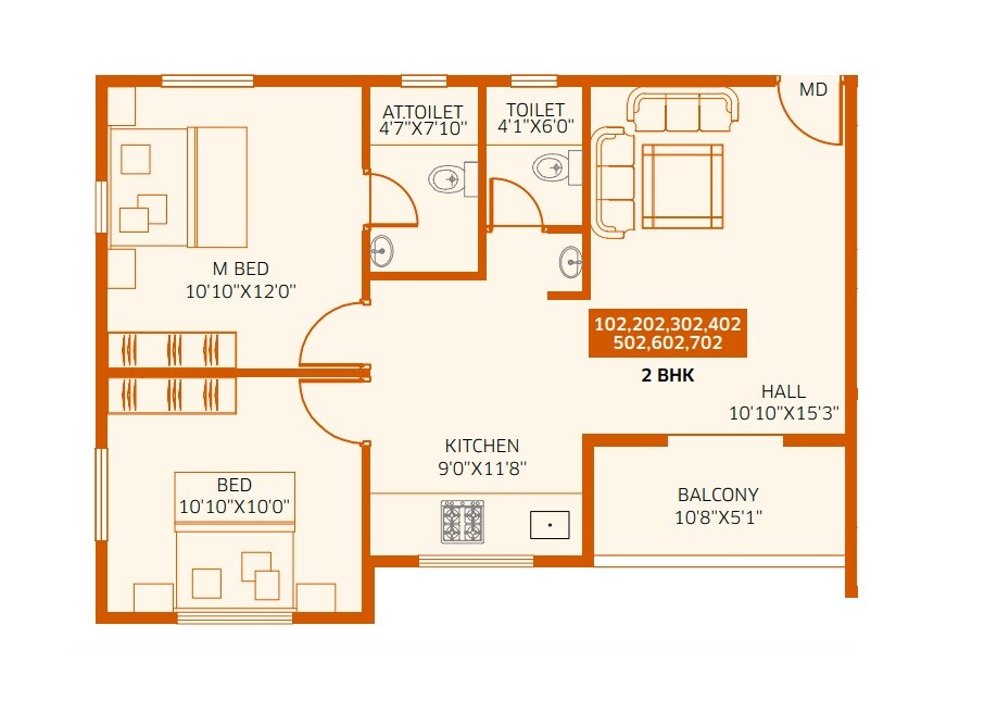 Floor plan of 2 BHK 647 Sq. Ft. Apartment in Nilesh Aryaa Empire, Pune