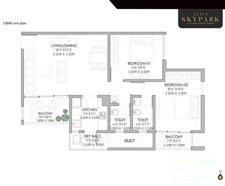 Floor plan of 2 BHK 680 Sq. Ft. Apartment in Nimani Alive Skypark, Pune