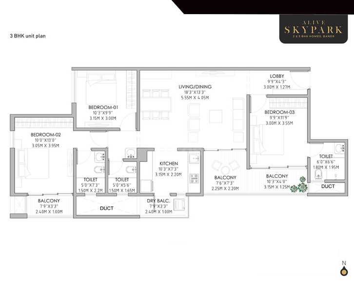 Floor plan of 3 BHK 936 Sq. Ft. Apartment in Nimani Alive Skypark, Pune
