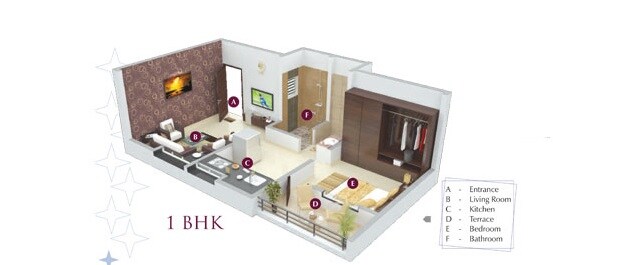 Floor plan of 1 BHK 446 Sq. Ft. Apartment in Nimhan Grace Residency, Pune