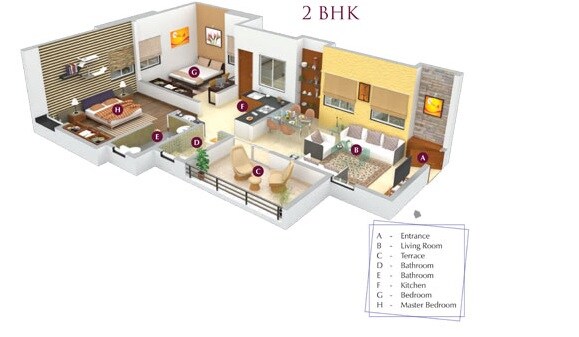 Floor plan of 2 BHK 681 Sq. Ft. Apartment in Nimhan Grace Residency, Pune